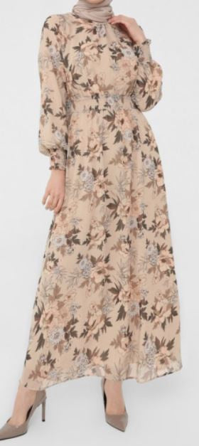 Dress Lined Floral Beige & Brown