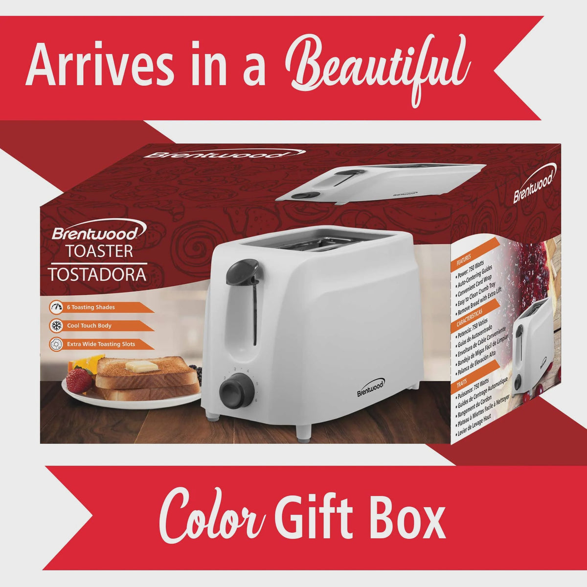 BRENTWOOD Toaster 2 Slice TS-260W White