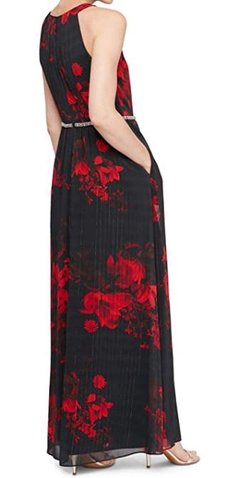SLNY Dress Red Belted Rhinestone Floral Sleeveless Halter Maxi