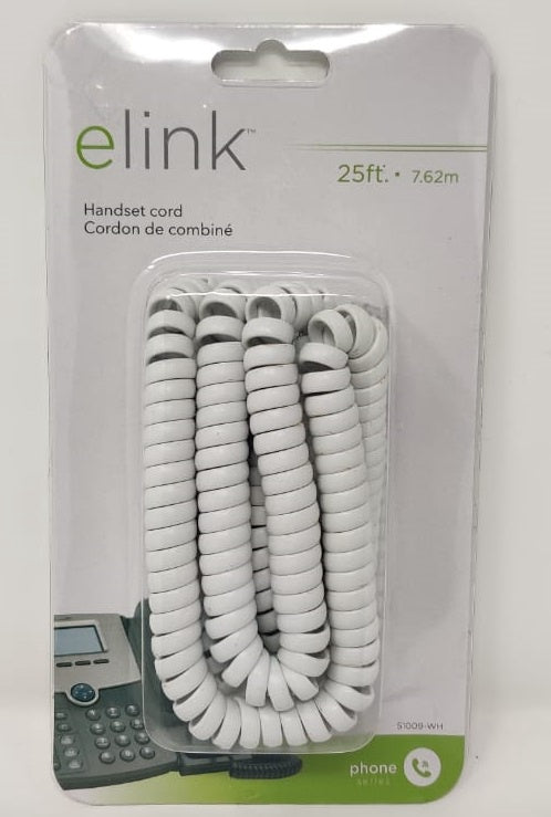 ELINK Telephone Handset Coiled Cord 25' 7.62M White 51009-WH