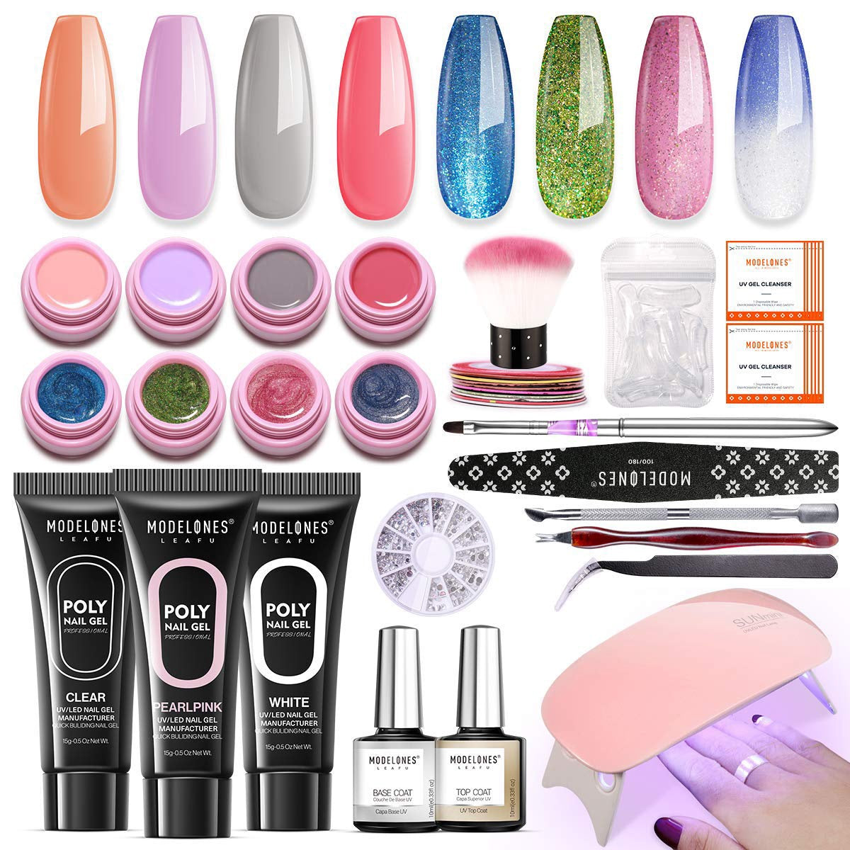 MODELONES Nails 8 Colors Uv LED Light Glitter Nail Gel Beginner Kit 1 Bottle Color Changing Gel Manicure Tools Striped Nail Tapes ALL-IN-ONE Salon Kit IN Gift Box