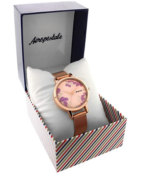 AEROPOSTALE Watch Women Aéropostale Quartz Rose Flower Petal Dial Rose Gold Mesh Strap