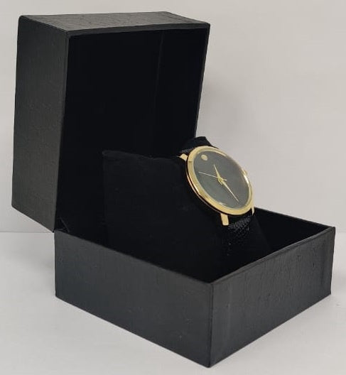 GENERIC Watch Fashion Men Gold with Black Leather Ripple Strap