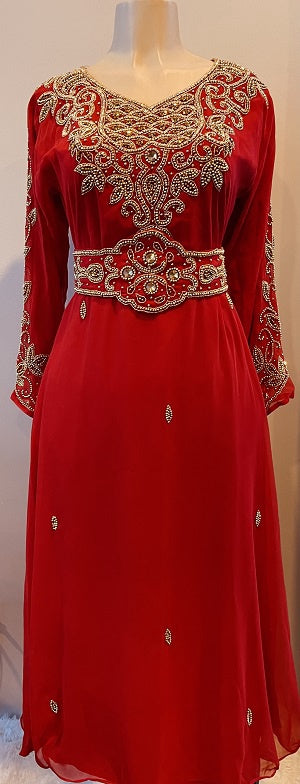 GENERIC Gown Beaded Red with Gold Bead and Band Embellished Sleeve