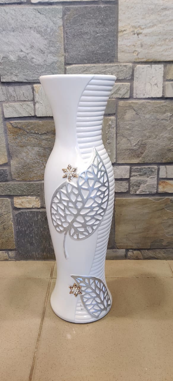 Vase 24" EQ103 White, Silver Leaf & Gold Flower