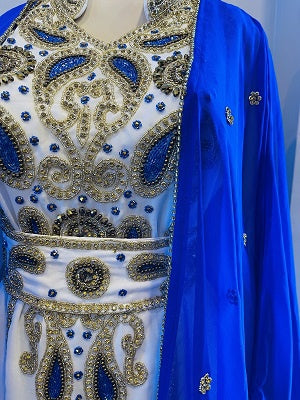 GENERIC Gown Beaded Ecru with Royal Blue Throw and Band