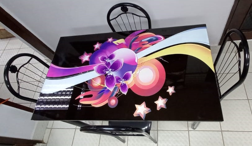Glass Dining Table A31-M98-6 with 4 Chair Set Purple Flowers & Stars
