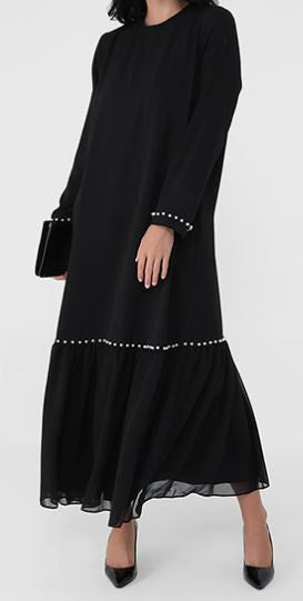 Gown Abaya Pearls Tiered Bottom Black