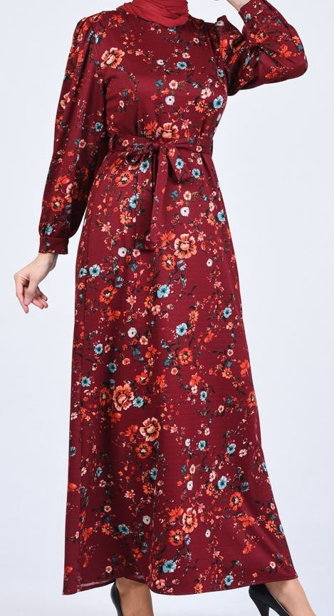 Dress Floral Burgandy W/WAISTBAND