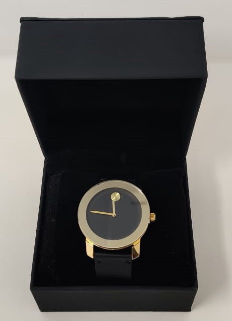 GENERIC Watch Fashion Men Gold with Black Leather Smooth Strap
