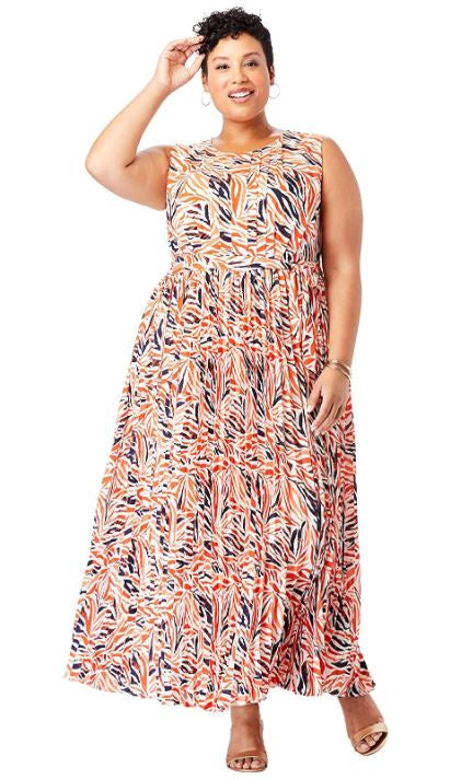 JESSICA LONDON Dress Casual Plus Size Pleated Maxi Orange