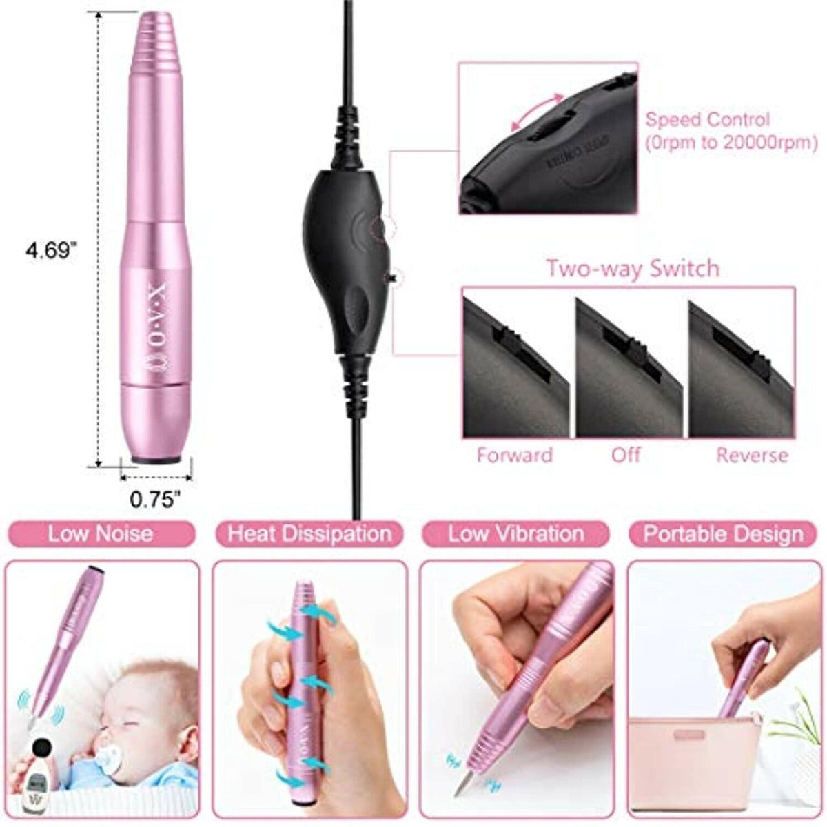 OVX Nails Portable Electric Nail Drill Machine Professional 20000 RPM Manicure (Pink)