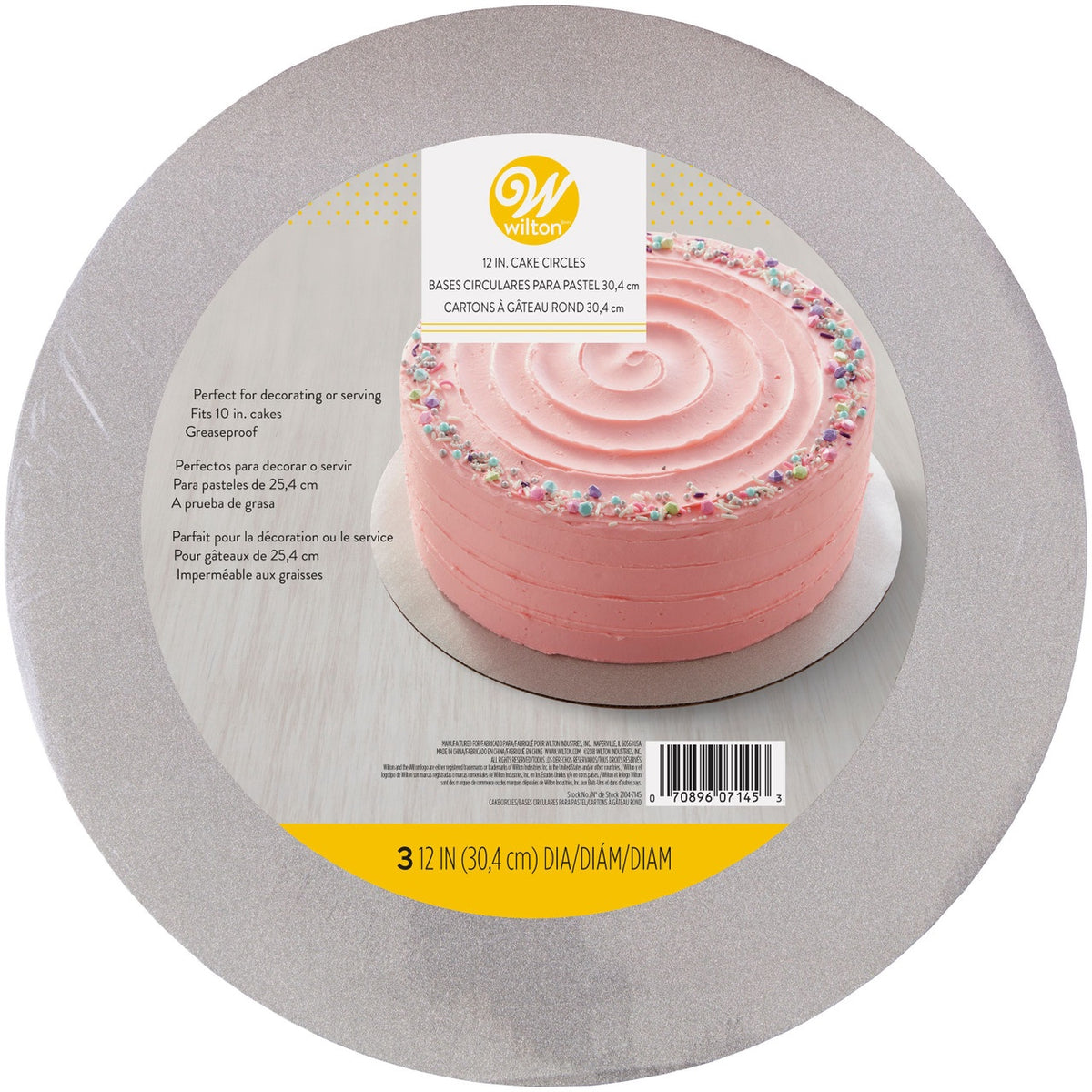 WILTON Baking Cake Board 12" 30.5CM Round 2104-7145 Silver Glitter 3PCS Pack