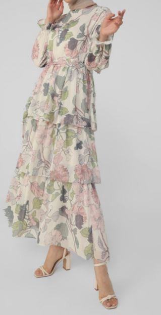 Dress Lined Chiffon Floral Tiered White & Pink