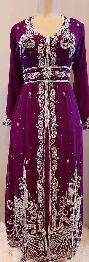 GENERIC Gown Beaded Purple White and Silver Beads with Belt