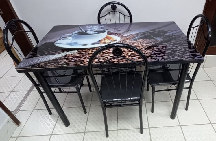 Glass Dining Table A31-M94-1 with 4 Chair Set Coffee Cup and Beans