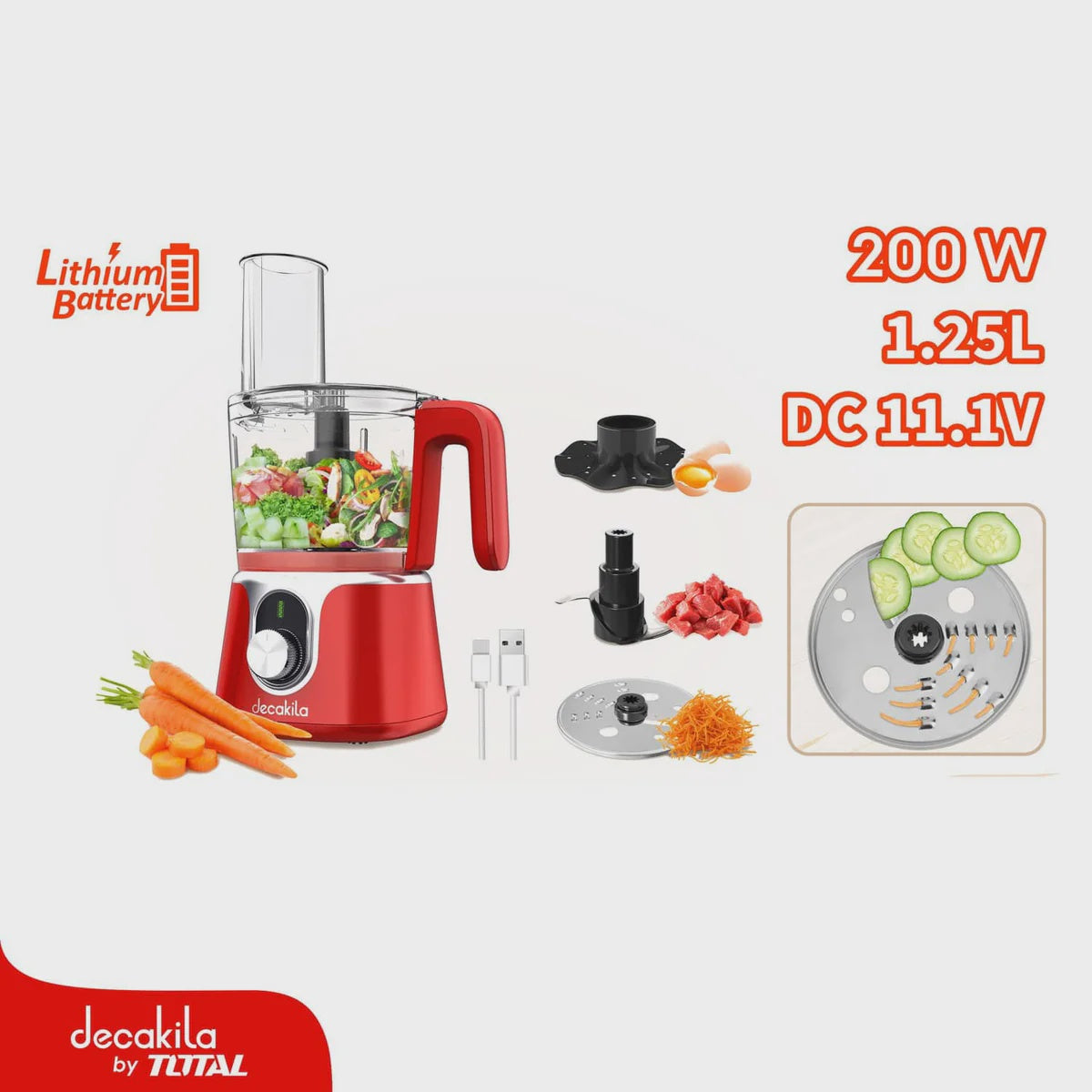 DECAKILA Food Processor Cordless KMMG005R 1.25L 200W Lithium Battery