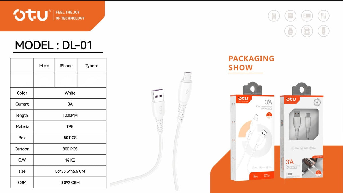 OTU Charger Cable USB DL01-V 1M Micro 3A Fast Transmission Data Cable