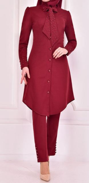 Pants Suit Set Burgandy Button Down