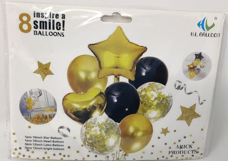Party Balloons 8PCS Pack Heart Star Balloon Set with Confetti IN Gold and Black Z35