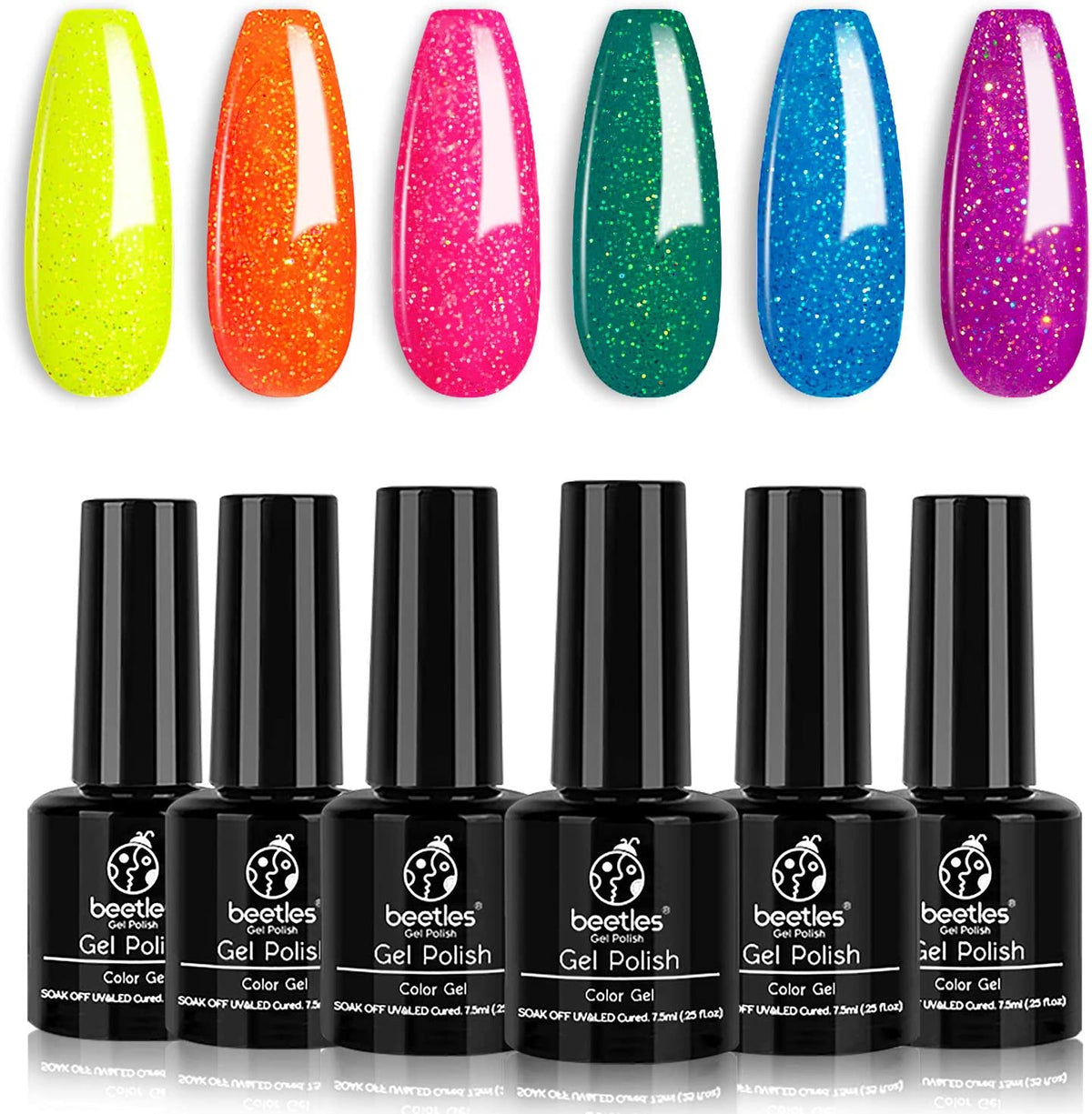 BEETLES Nails Polish Set Gel Nail Neon Glitter Kit Orange Hot Pink Blue Yellow Purple Green 6 Colors Soak Off Uv LED