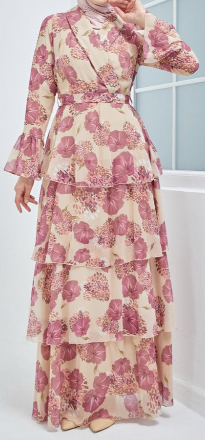 Dress Floral Chiffon Tired Pink
