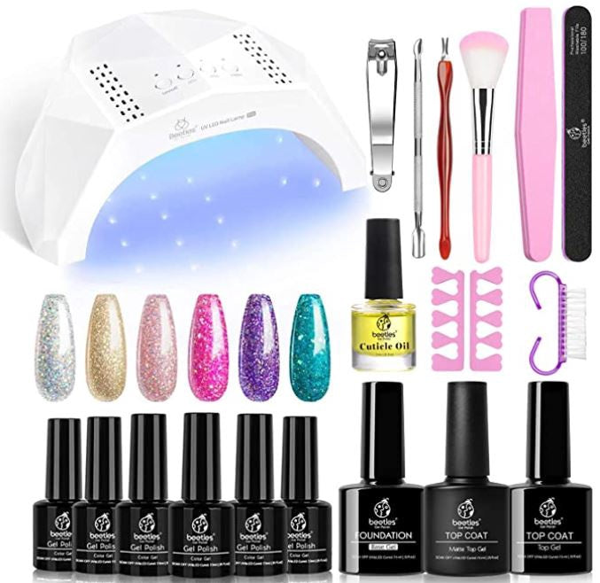 BEETLES Nails Gel Polish with Uv Light Starter Kit Soak Off Set 6 Pcs Sparkly Glitter Base Gel Top Coat