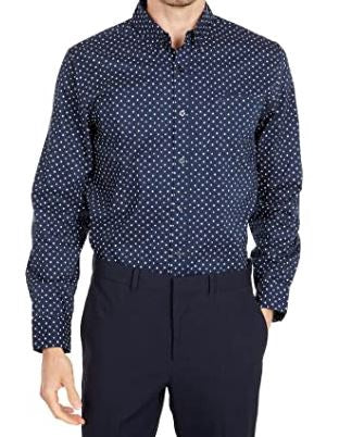 Men Shirt Long Sleeve Button Down Dockers Navy Print