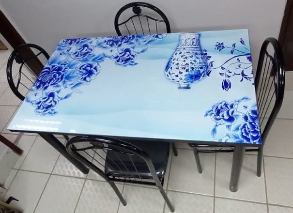 Glass Dining Table A31-M24-2 with 4 Chair Set Blue Flowers