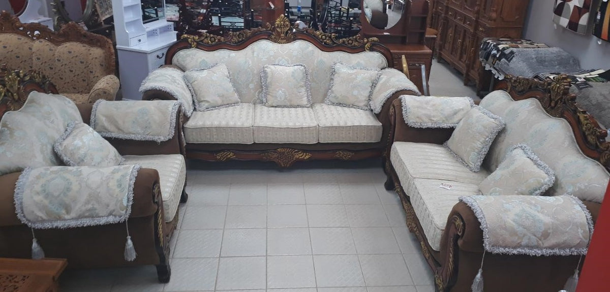 Sofa Set 3-2-1 with Pillows and Arm Rest Mats Brown and White