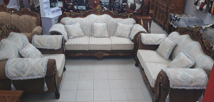 Sofa Set 3-2-1 with Pillows and Arm Rest Mats Brown and White
