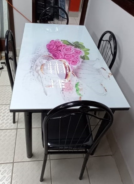 Glass Dining Table A31-M88-5 with 4 Chair Set Pink & Green Flowers