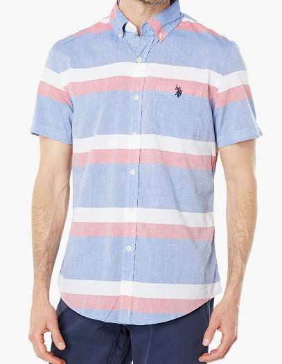 US POLO ASSN. Men Shirt Short Sleeve Button Down Us Polo BLUE/PINK Stripe