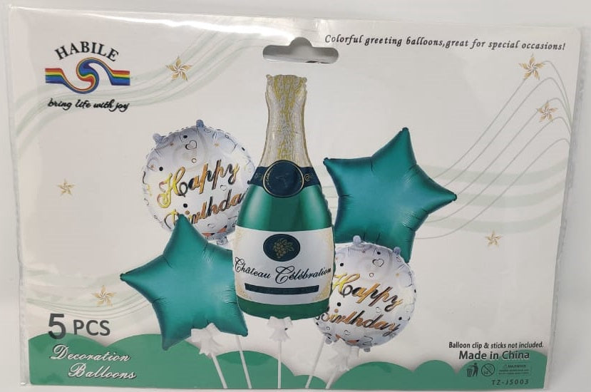 Party Balloons 5PCS Pack Wine & Star Balloon Set with Happy Birthday IN Green and White TZ-J5003