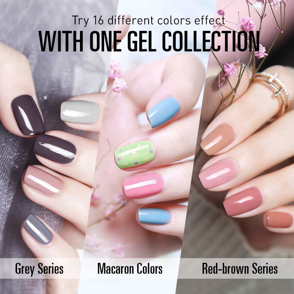 MODELONES Nails Gel Nail Polish Set, Fall Nude Gray, Red, Blue, Pink, 0.3 Fl OZ, Top & Base Coat, 16 Colors, 0.2 Fl OZ, Gel Nail Polish, Beginner Nail Polish Kit, Manicure Kit for Home Use