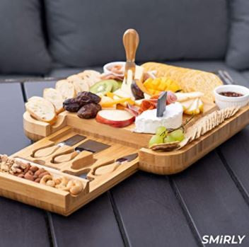 SMIRLY Charcuterie Cheese Board with Knife Set 13 X 13 X 2" Wood Platter