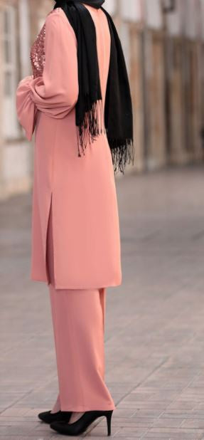 Pants Suit Set Sequin Bodice Dark Blush
