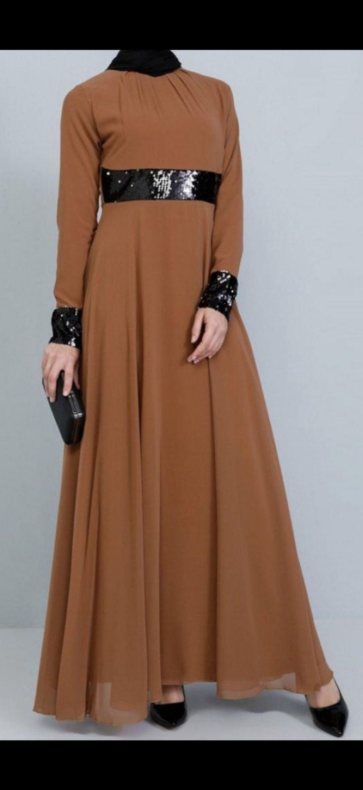 Dress Evening Lined Chiffon Black Sequin Grey / Brown