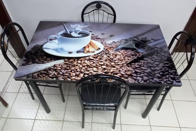 Glass Dining Table A31-M94-1 with 4 Chair Set Coffee Cup and Beans