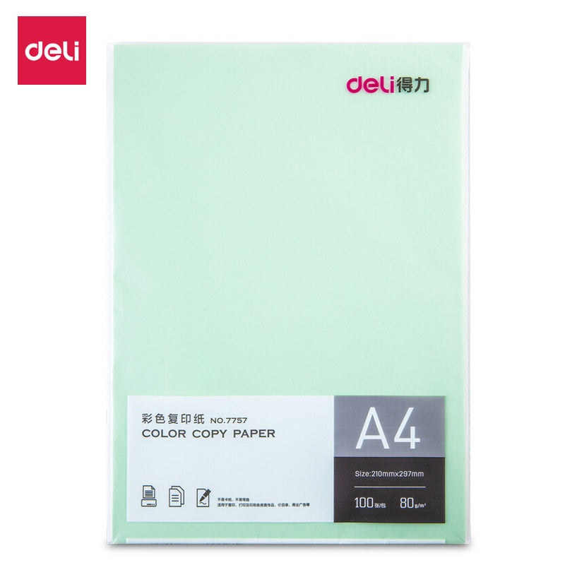 DELI Stationery Paper Color Copy 7757 A4 80G Light Green 100 Sheet Pack