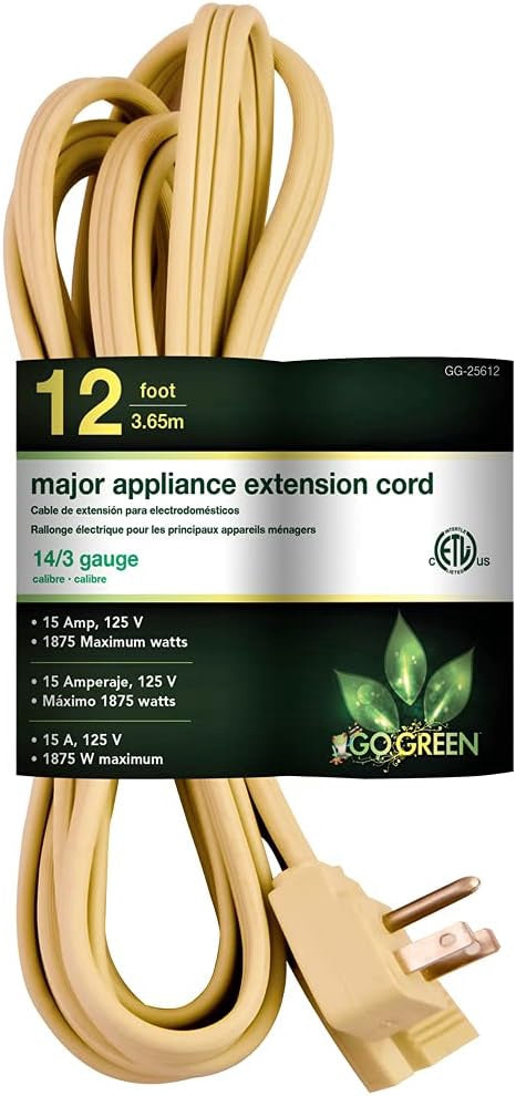 GO GREEN Extension Cord Indoor 12' Gogreen GG-25612 Beige 14G 3C