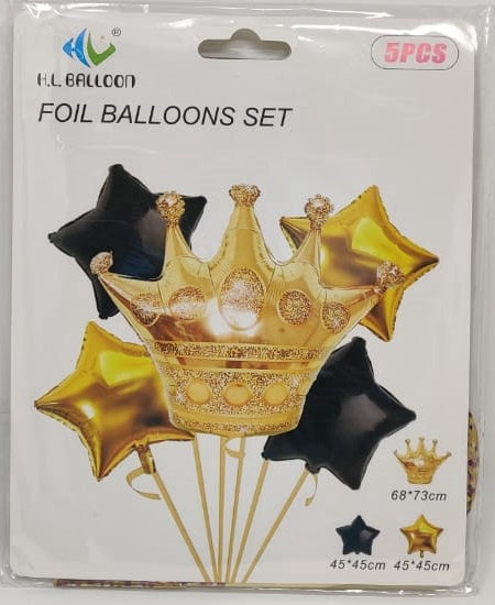Party Balloons 5PCS Pack Crown & Star Balloon Set Foil IN Gold and Black 79239
