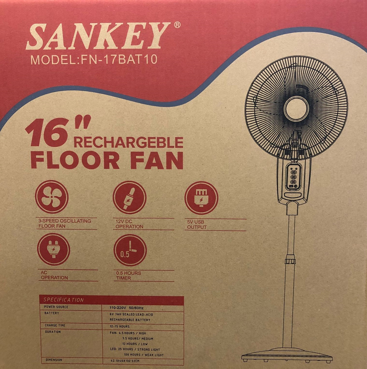 SANKEY Fan 16" FN-17BAT10 Rechargeable Floor