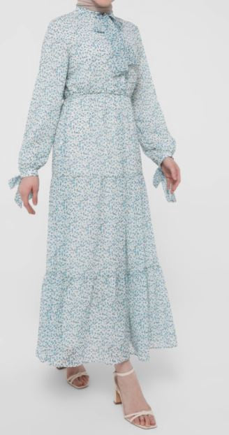 Dress Lined Floral Blue Tie Detail on Sleeve