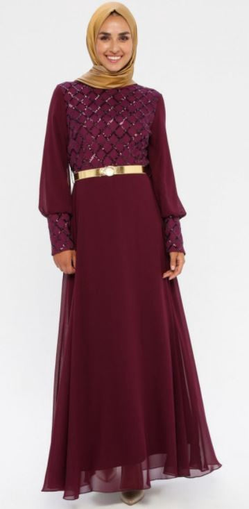 GENERIC Dress Sequin & Chiffon with Gold Belt