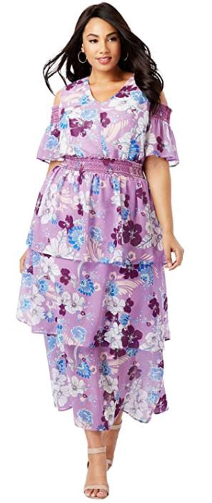 JESSICA LONDON Dress Casual Plus Size Tiered Maxi Purple Floral