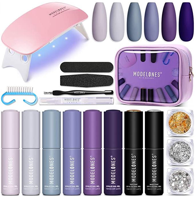 MODELONES Nails Gel Polish Kit with Light Starter 6X10ML Colors, 10ML Base and Top Coat Beginner Purple
