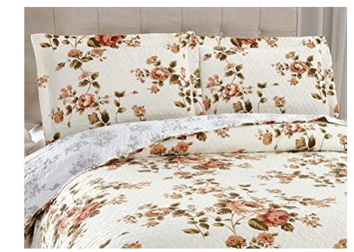 GENERIC Quilt Set Reversible 3PCS Queen Floral Microfiber Lightweight