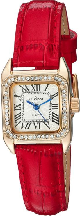 PEUGEOT Watch Women's 14K GOLD-PLATED Crystal Bezel Roman Numeral Red Leather Band