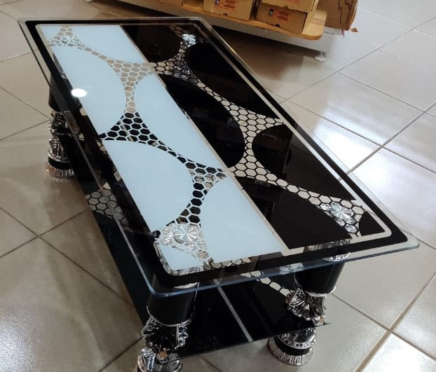 Glass Table Black, White & Silver Design Glass CJ216